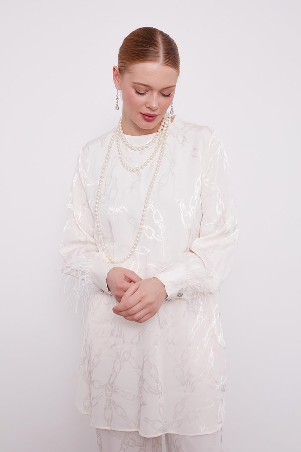 LevidorLevidor Ekru Jakarlı Zincir Desen İkili Takım