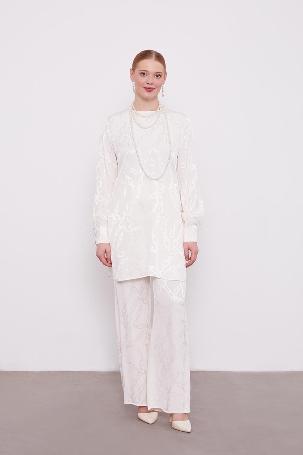 LevidorLevidor Ekru Jakarlı Zincir Desen İkili Takım