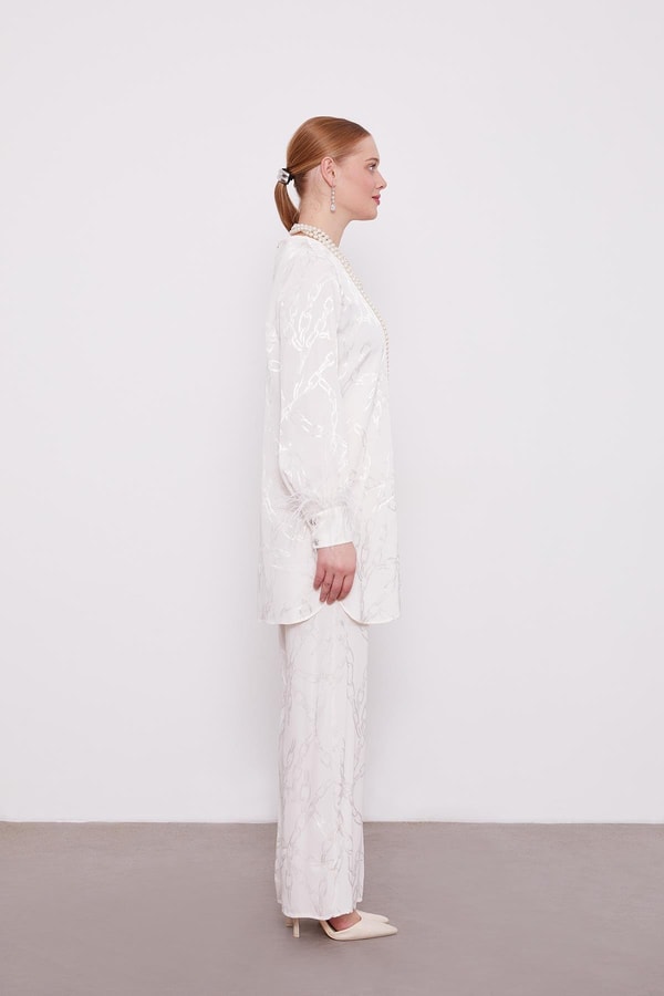 LevidorLevidor Ekru Jakarlı Zincir Desen İkili Takım