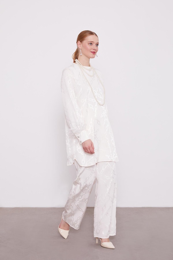 LevidorLevidor Ekru Jakarlı Zincir Desen İkili Takım