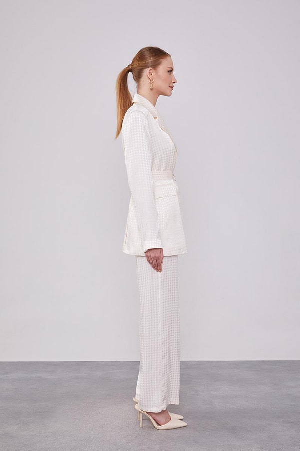 LevidorLevidor Ekru Kazayağı Desen Jakarlı Ceket Takım