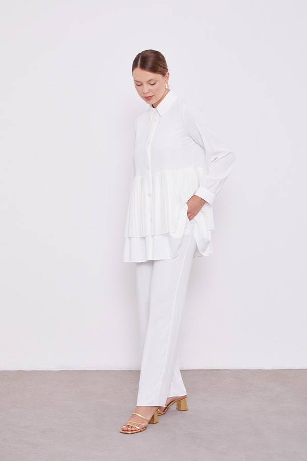 LevidorLevidor Ekru Şifon Pileli Gömlek İkili Takım