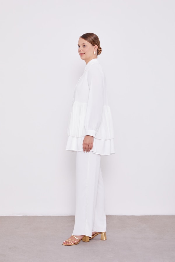 LevidorLevidor Ekru Şifon Pileli Gömlek İkili Takım