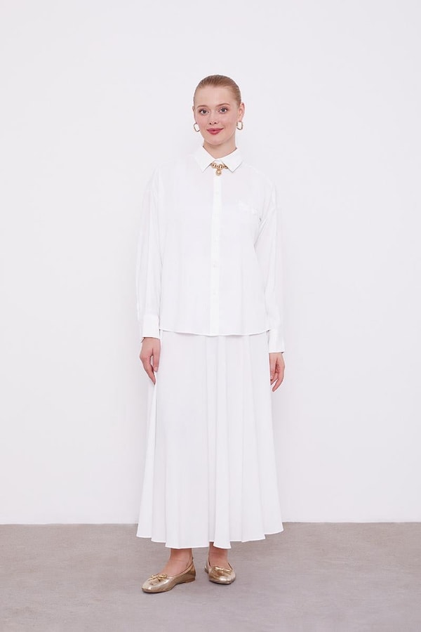 LevidorLevidor Ekru Şifon Pilise Detaylı Etekli Takım