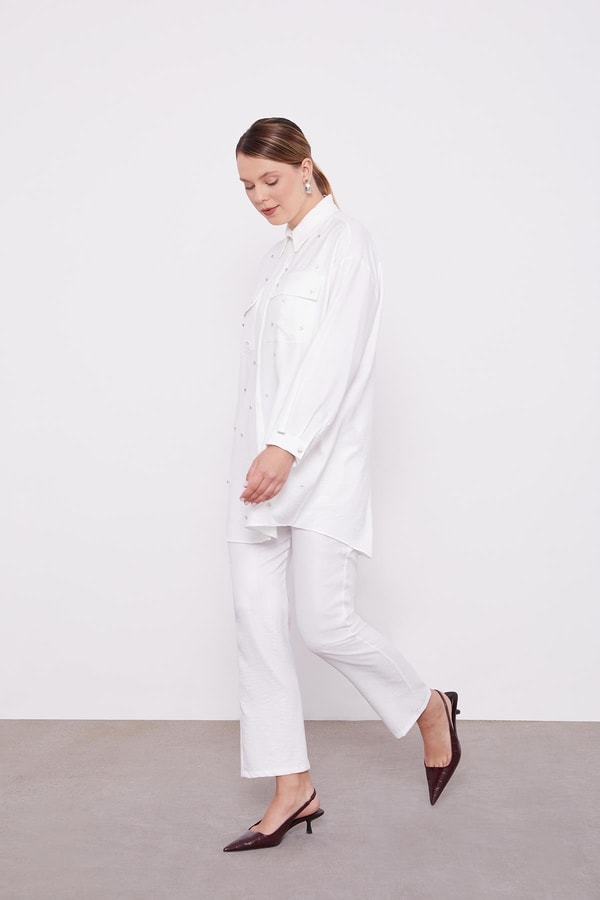 LevidorLevidor Ekru Taş İşlemeli Melanj Gömlek İkili Takım