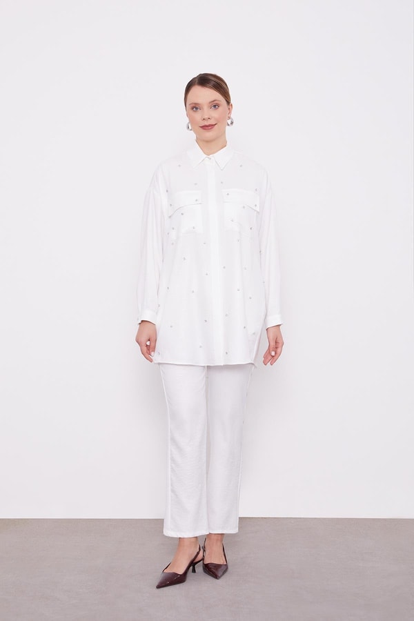 LevidorLevidor Ekru Taş İşlemeli Melanj Gömlek İkili Takım