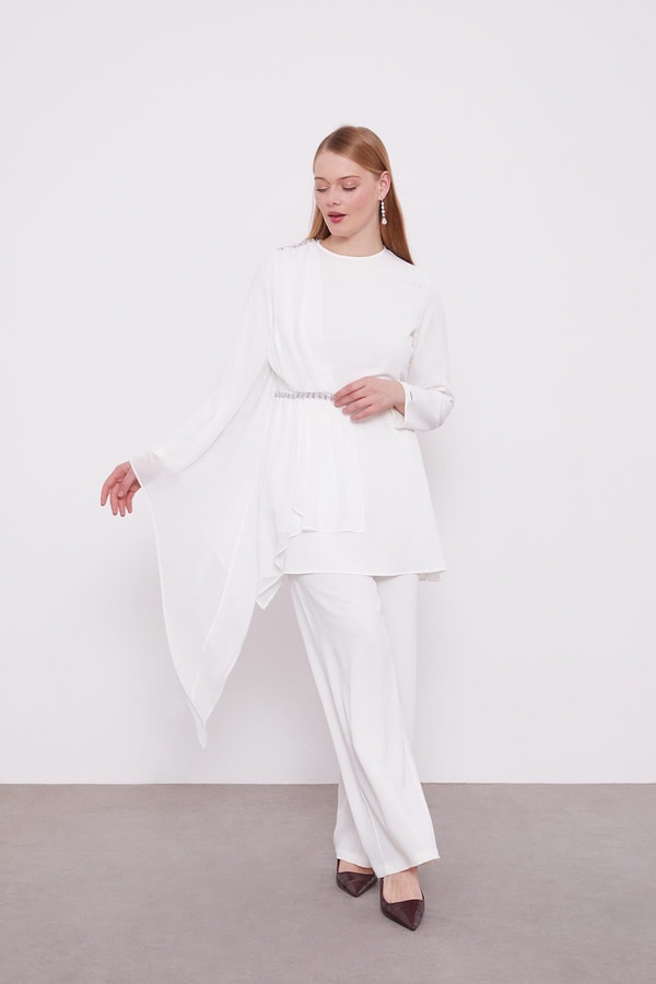 LevidorLevidor Ekru Taş İşlemeli Şifon İkili Takım