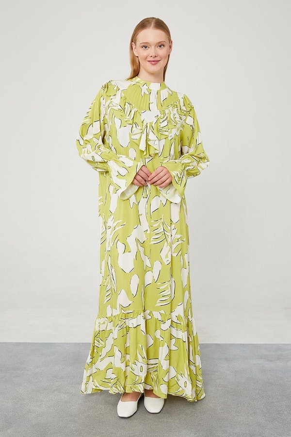 LevidorLevidor Fıstık Yeşili Çiçek Desen Volanlı Elbise