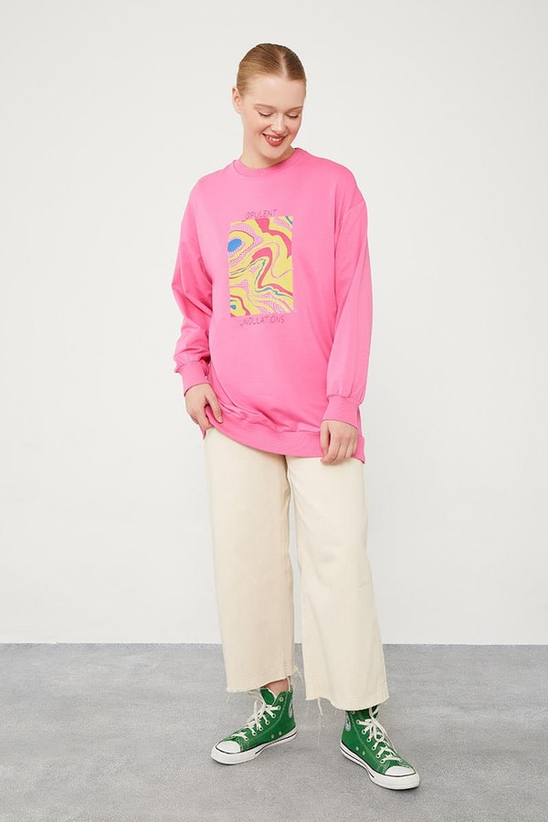 LevidorLevidor Fuşya Bisiklet Yaka Taş Baskılı Sweat