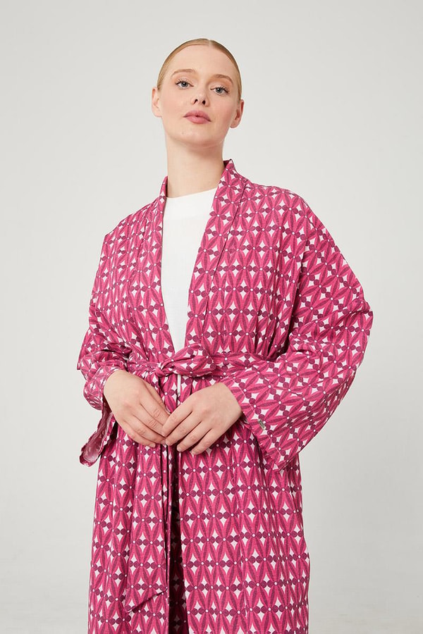 LevidorLevidor Fuşya Desenli Keten Kuşak Bağlamalı Kimono Takım