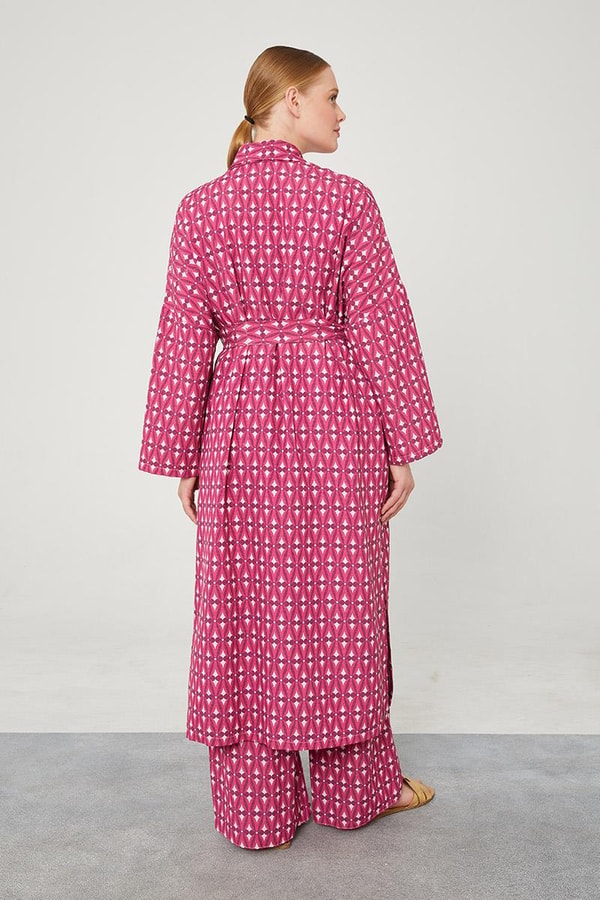 LevidorLevidor Fuşya Desenli Keten Kuşak Bağlamalı Kimono Takım