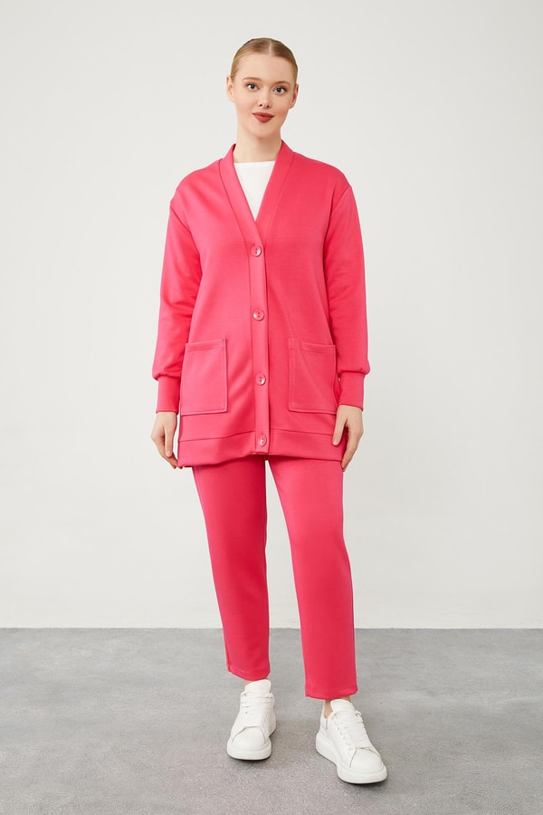 LevidorLevidor Fuşya Düğme Kapama Pantolonlu Hırka Takım