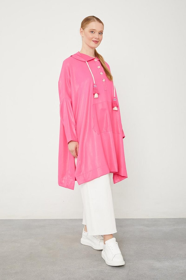 LevidorLevidor Fuşya Kanguru Çepli Parlak Kumaş Tunik