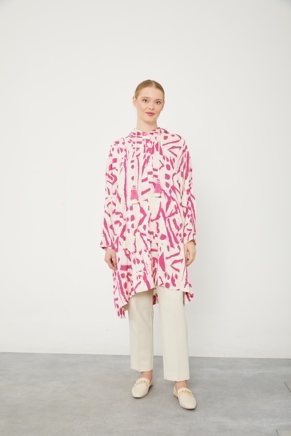 LevidorLevidor Fuşya Kapüşonlu Püskül Detaylı Keten Tunik