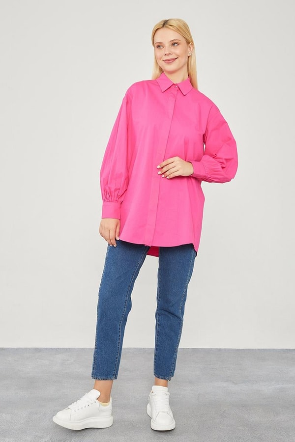 LevidorLevidor Fuşya Oversize Balon Kol Poplin Gömlek