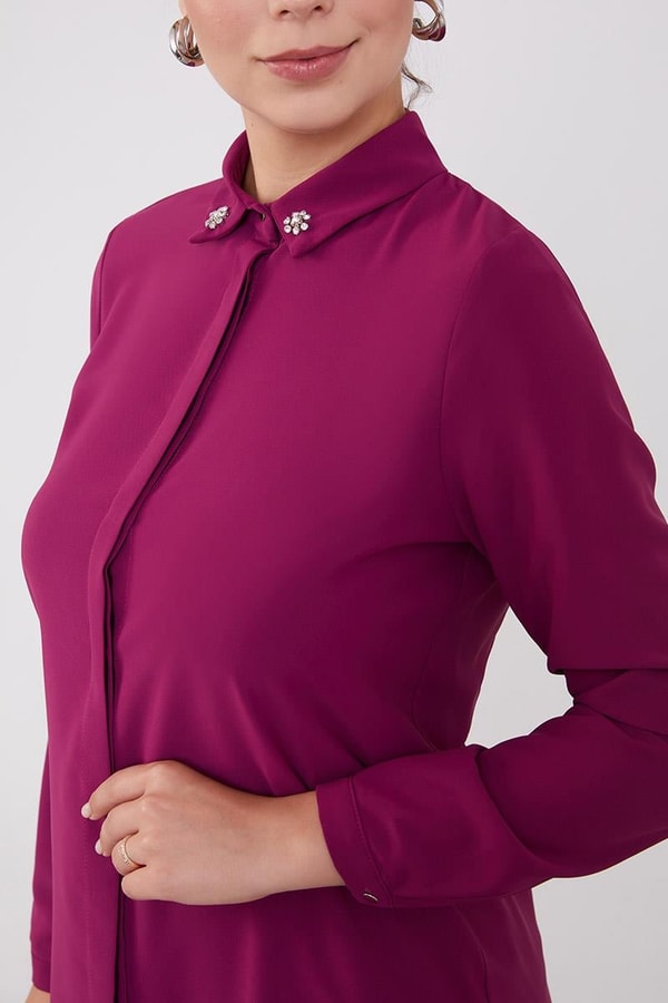 LevidorLevidor Fuşya Yakası Taşlı Uzun Gömlek