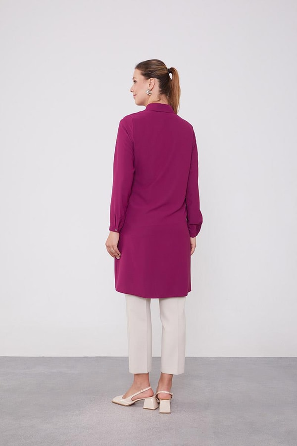 LevidorLevidor Fuşya Yakası Taşlı Uzun Gömlek