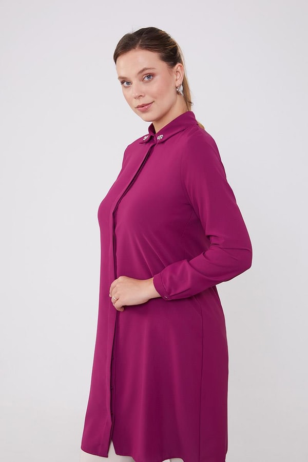 LevidorLevidor Fuşya Yakası Taşlı Uzun Gömlek