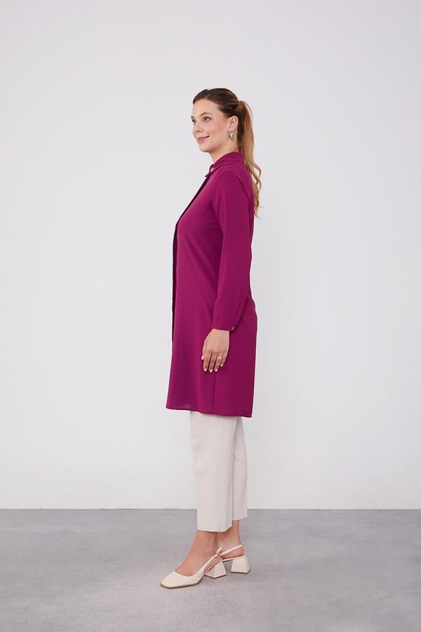 LevidorLevidor Fuşya Yakası Taşlı Uzun Gömlek