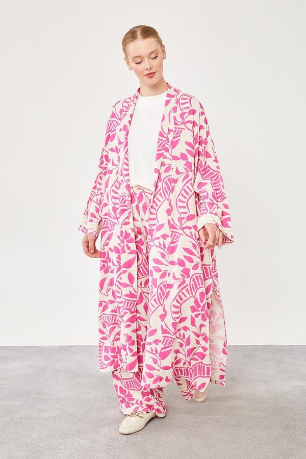 LevidorLevidor Fuşya Yaprak Desen Keten Kimono Takım