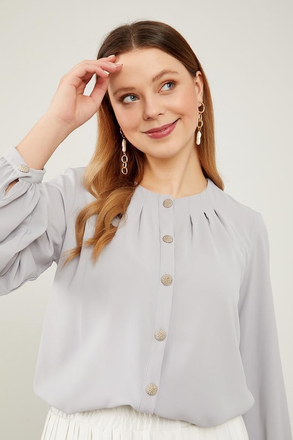 LevidorLevidor Gri Bisiklet Yaka Taş  Düğmeli Gömlek