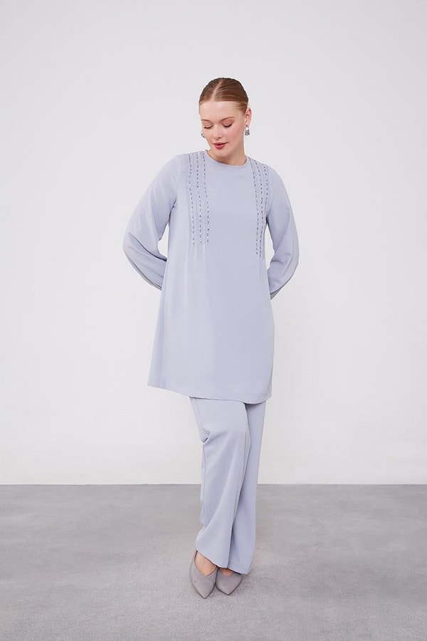 LevidorLevidor Gri Boncuk İşlemeli Tunik Takım