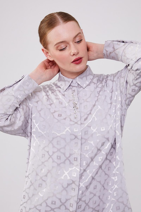 LevidorLevidor Gri Çiçek Desen Jakarlı İkili Takım