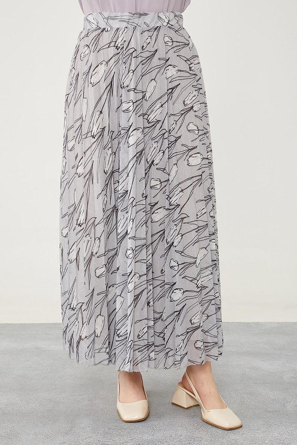 LevidorLevidor Gri Çiçek Desen Şifon Etek