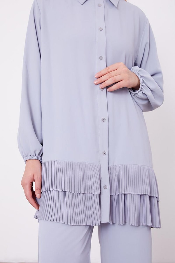 LevidorLevidor Gri Eteği Pileli Gömlek Yaka Tunik Takım