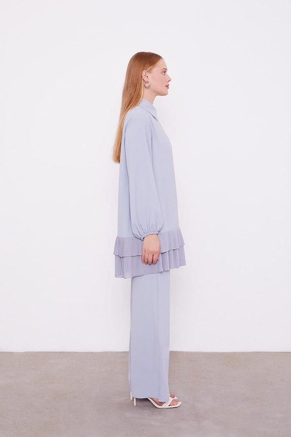 LevidorLevidor Gri Eteği Pileli Gömlek Yaka Tunik Takım