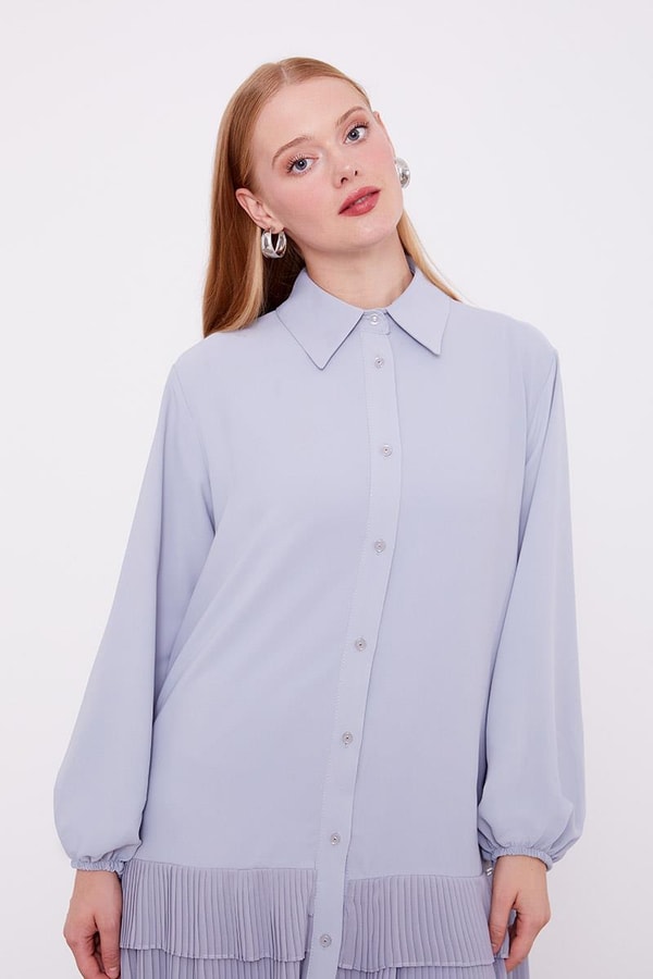 LevidorLevidor Gri Eteği Pileli Gömlek Yaka Tunik Takım