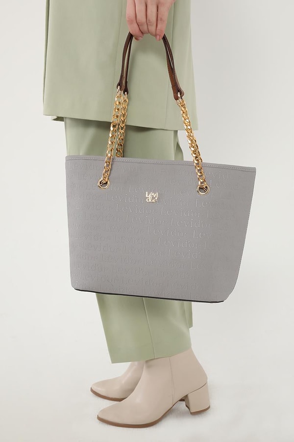 LevidorLevidor Gri Monogram Baskılı Zincir Askılı Tote Çanta