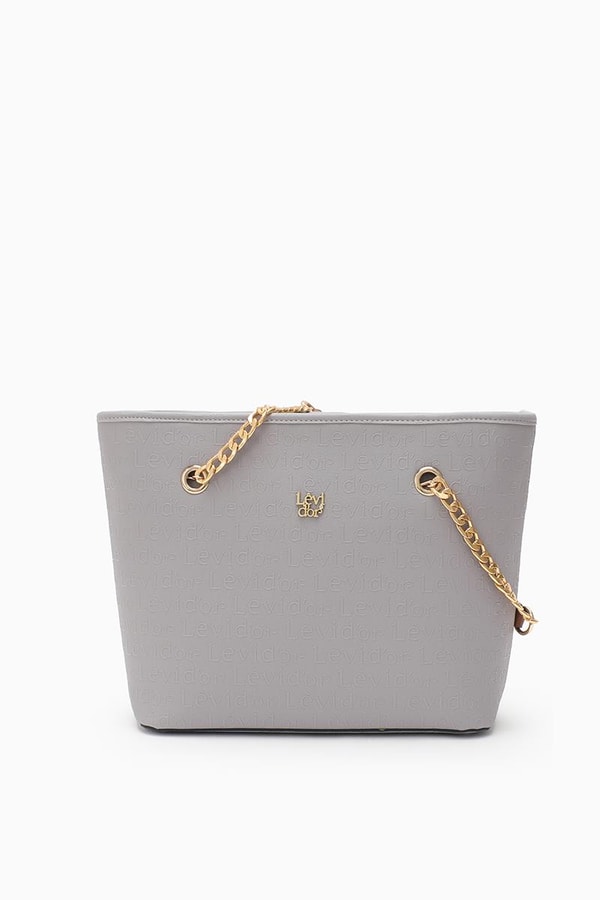 LevidorLevidor Gri Monogram Baskılı Zincir Askılı Tote Çanta