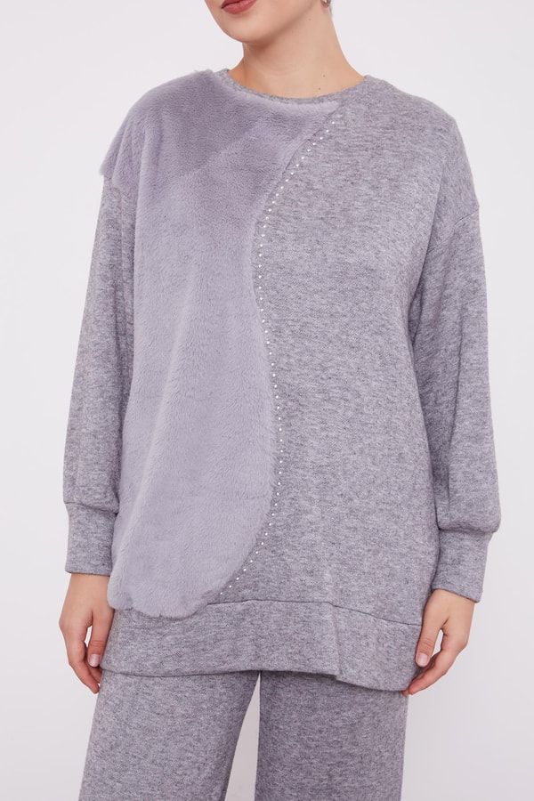 LevidorLevidor Gri Peluş Detaylı Kaşmir İkili Takım