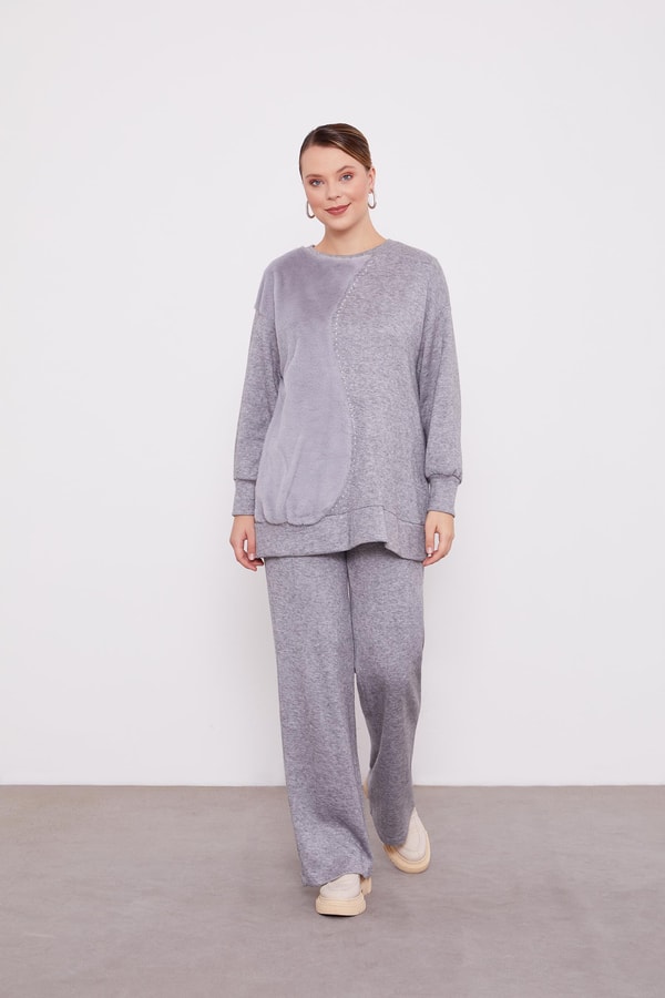 LevidorLevidor Gri Peluş Detaylı Kaşmir İkili Takım