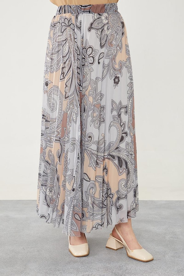 LevidorLevidor Gri Pliseli Çiçek Desen Şifon Etek