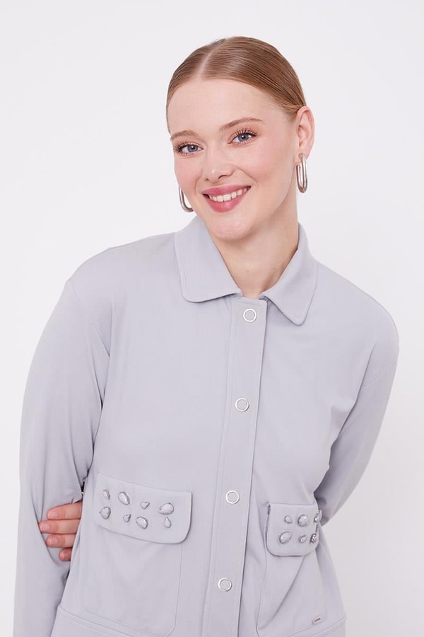 LevidorLevidor Gri Taş İşleme Kısa Ceketli Etekli Takım