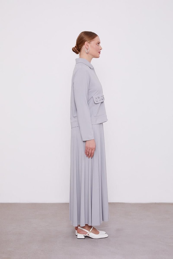 LevidorLevidor Gri Taş İşleme Kısa Ceketli Etekli Takım