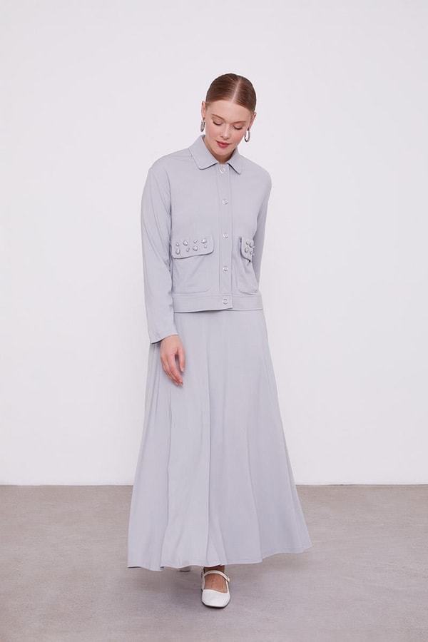 LevidorLevidor Gri Taş İşleme Kısa Ceketli Etekli Takım