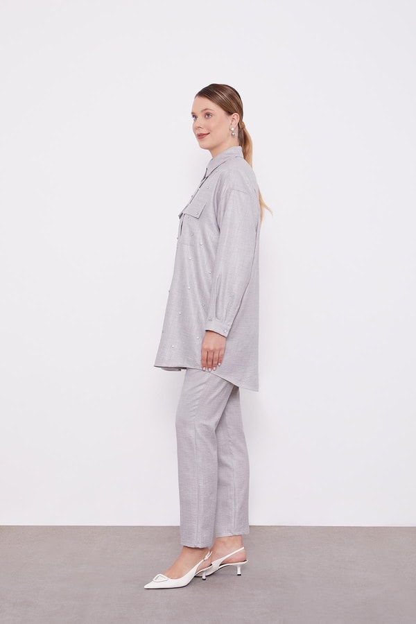 LevidorLevidor Gri Taş İşlemeli Melanj Gömlek İkili Takım