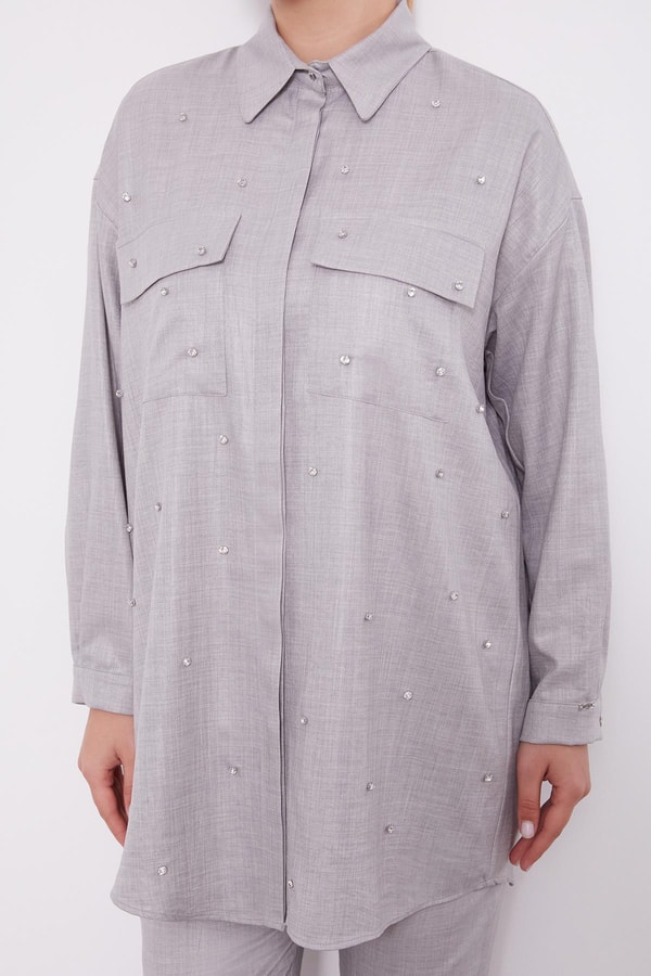 LevidorLevidor Gri Taş İşlemeli Melanj Gömlek İkili Takım