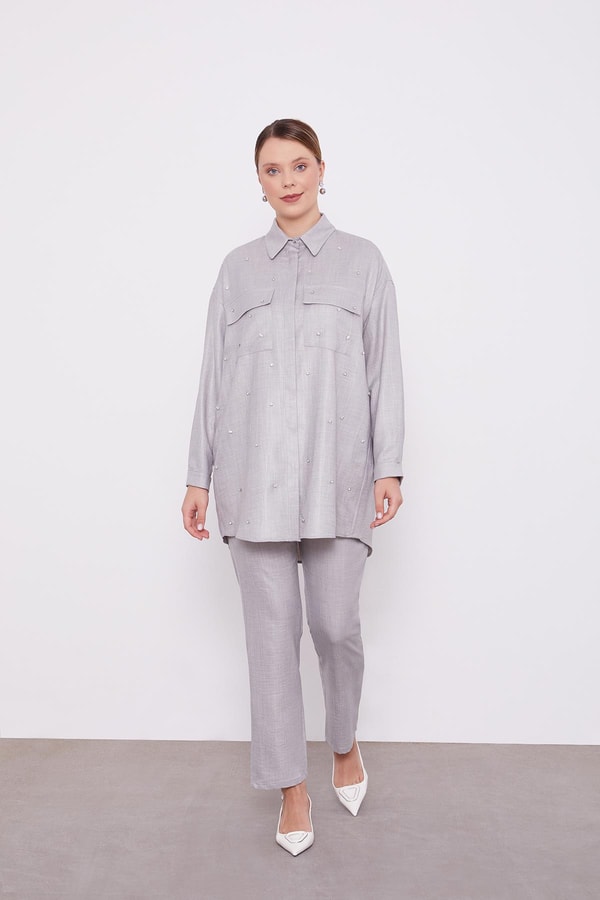 LevidorLevidor Gri Taş İşlemeli Melanj Gömlek İkili Takım