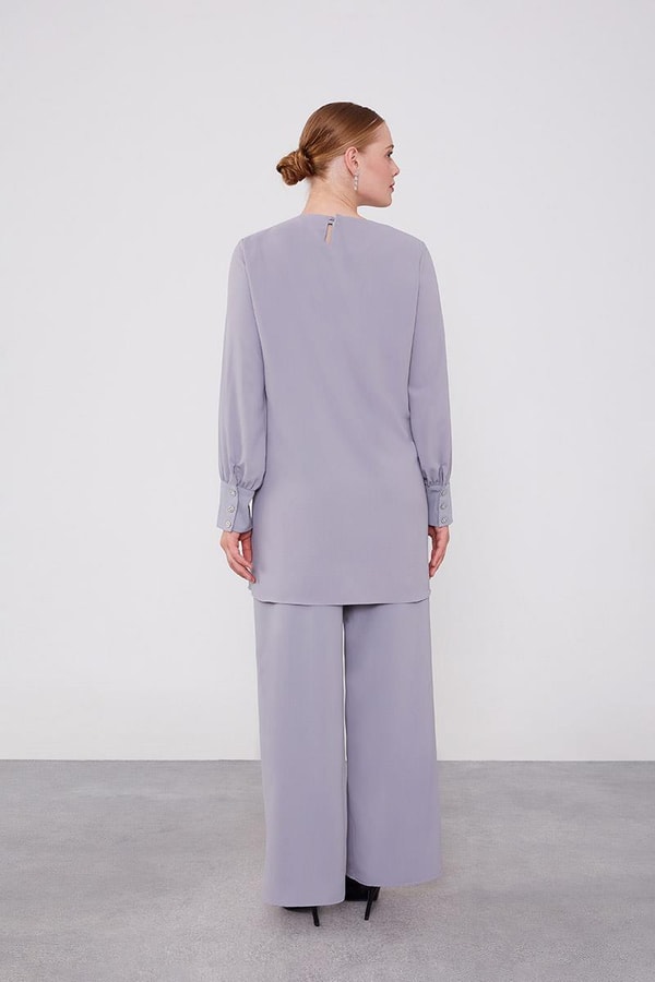 LevidorLevidor Gri Yakası Taş İşlemeli Şifon Tunik Takım