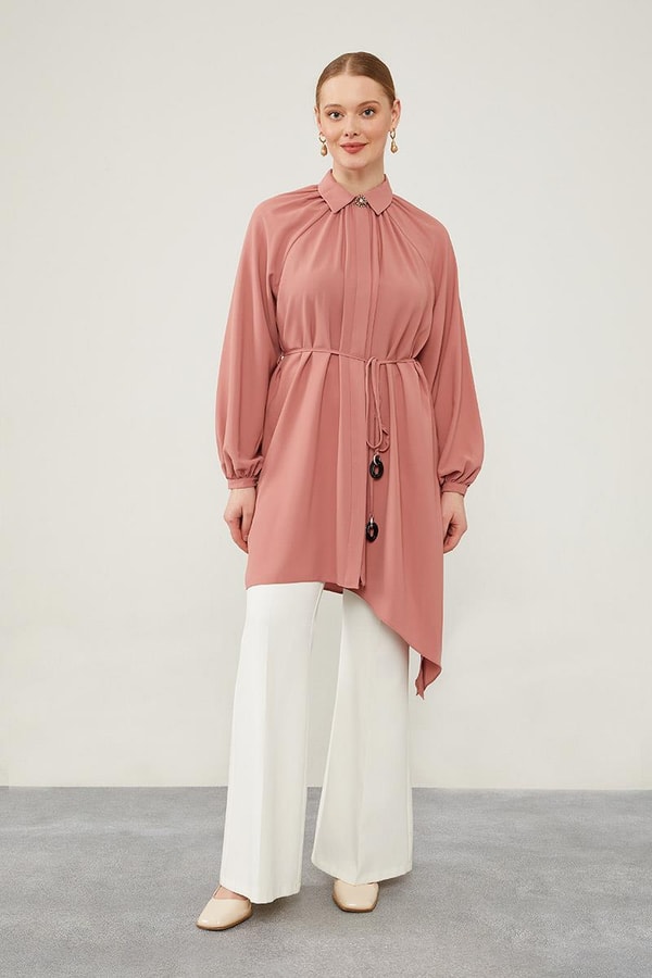 LevidorLevidor Gül Gömlek Yaka Beli İp Bağlamalı Tunik
