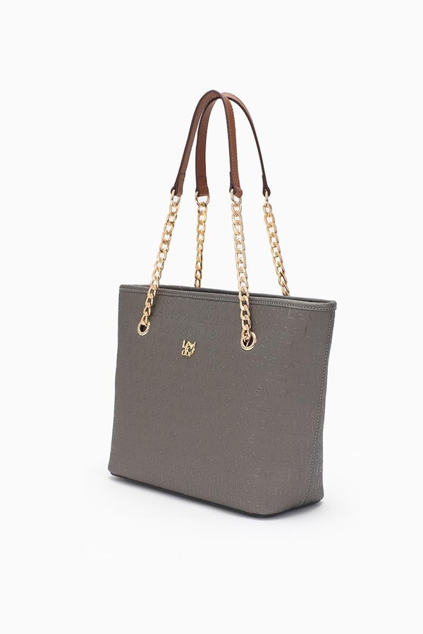 LevidorLevidor Gümüş Monogram Baskılı Zincir Askılı Tote Çanta