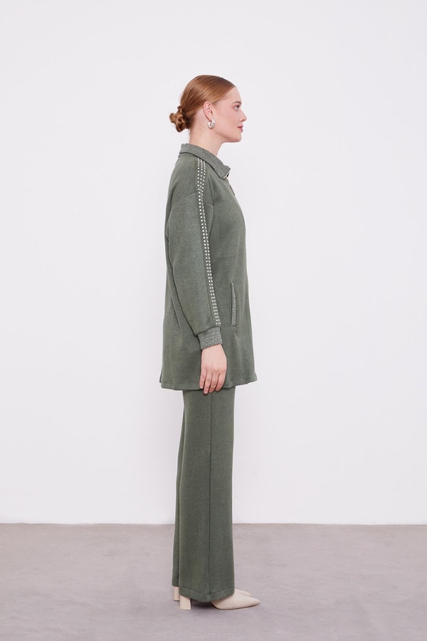 LevidorLevidor Haki Kolları Taş İşlemeli Kaşmir İkili Takım