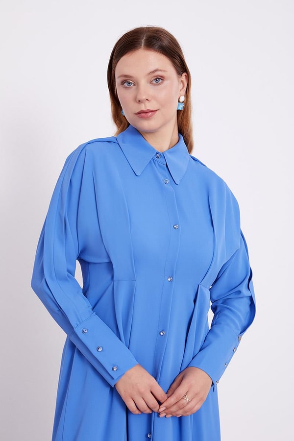 LevidorLevidor İndigo Gömlek Yaka Belden Oturmalı Elbise