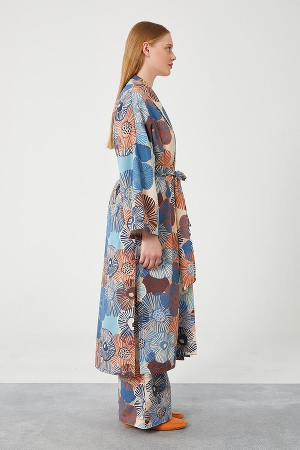 LevidorLevidor İndigo İkili Takım Keten Çiçekli Kimono