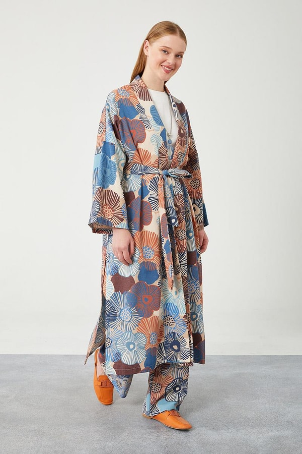 LevidorLevidor İndigo İkili Takım Keten Çiçekli Kimono