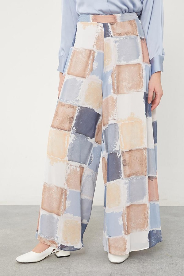 LevidorLevidor İndigo Kare Desen Geniş Paçalı Pantolon